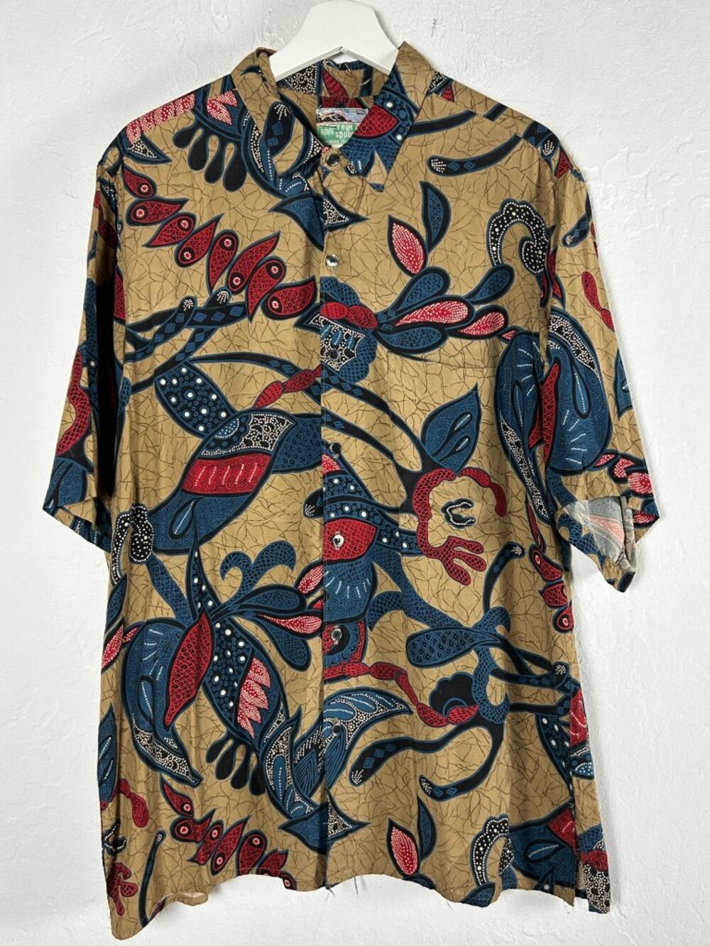 Reyn Spooner Mens Hawaiian Shirt Large Tropical Floral Print Beige Blue Rayon